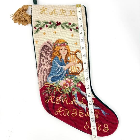 Vintage Hark the Herald Angels Sing Christmas Needlepoint Stocking Velvet Back - Picture 6 of 6